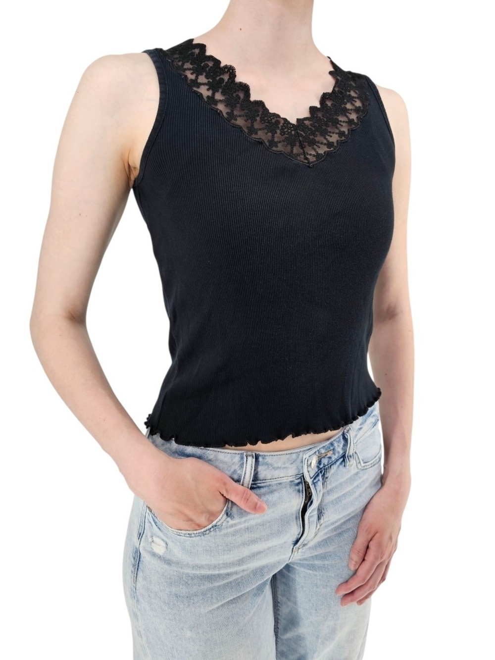 Vintage Lauren Ralph Lauren Black Lace Ribbed Tank Top Petite S - Picture 2 of 8